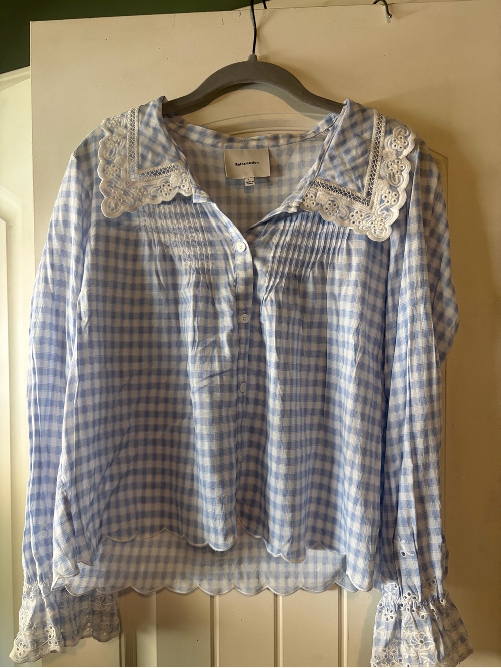 Reformation Light Blue Gingham Lace-Trim Button Down Shirt